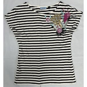 Cynthia Rowley T-Shirt Cap Sleeve Beaded  Embellishment Black & White Top Size S